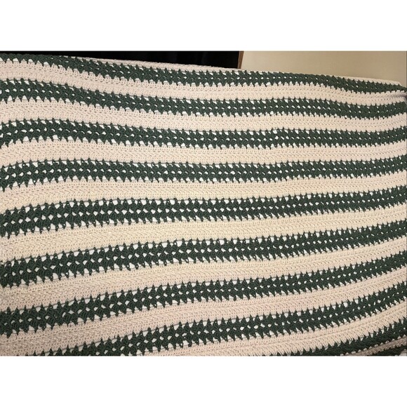 Hand Crocheted Throw Afghan Blanket 45x72 White Sage Emerald Grandma Boho Vtg - Picture 1 of 4